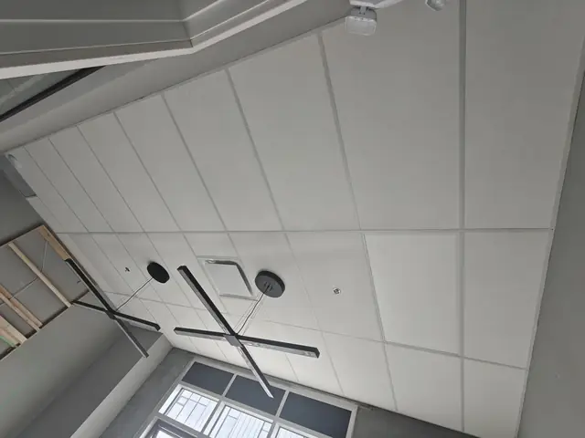 Acoustic ceiling installation with integrated linear lighting