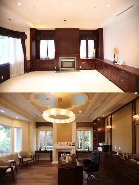 Wood-panelled library and study with built-in cabinetry