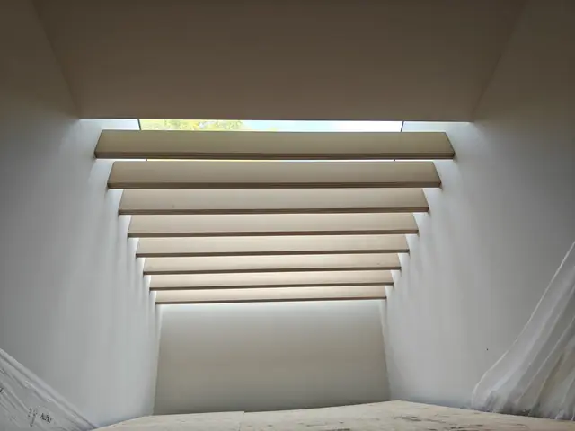 Skylight well with layered horizontal wood louvres