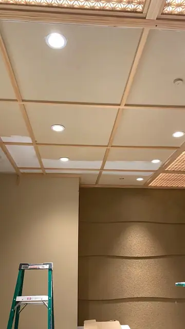 Ceiling grid with wood trim and recessed lighting